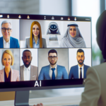 alt_text: Diverse professionals engage in a virtual meeting, enhanced by a modern AI chatbot interface.