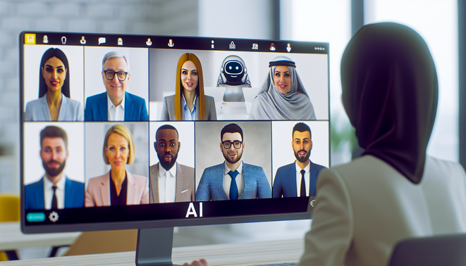 alt_text: Diverse professionals engage in a virtual meeting, enhanced by a modern AI chatbot interface.