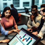 alt_text: Diverse team collaborates on a digital time management dashboard in a modern, tech-savvy office.