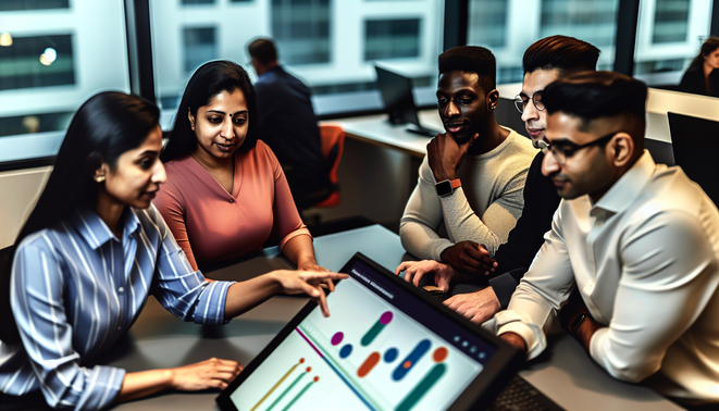 alt_text: Diverse team collaborates on a digital time management dashboard in a modern, tech-savvy office.