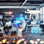 alt_text: Modern real estate office showcasing automation, diverse team, drones, VR tours, and smart tech.