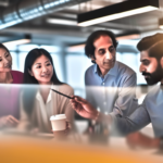 alt_text: Diverse professionals collaborating with technology in a bright office, symbolizing task automation.