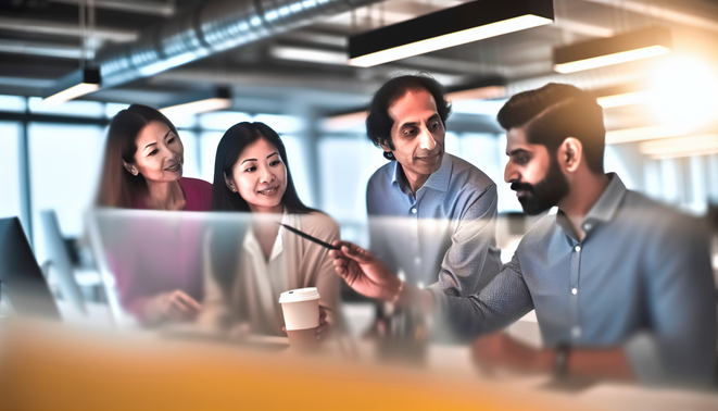alt_text: Diverse professionals collaborating with technology in a bright office, symbolizing task automation.