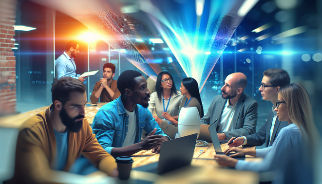alt_text: A diverse team in a futuristic workspace collaborates on automation and leadership, showcasing innovation.