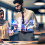 alt_text: Diverse professionals collaborate in a digital workspace, enhanced by holographic AI productivity tools.