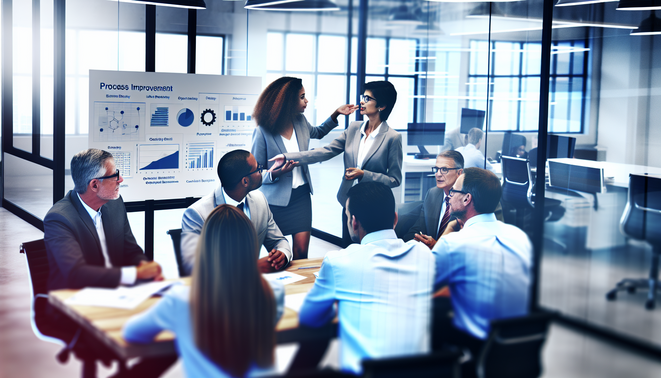 alt_text: A modern workspace featuring professionals collaborating on process improvement with charts and data.