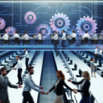 alt_text: A dynamic office scene showcasing automated project handoffs with gears, digital screens, and teamwork.