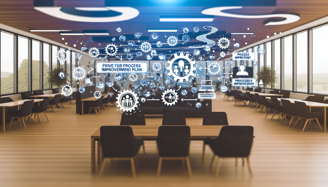 alt_text: "Cover image for 'Process Improvement Plan' with a modern office, infographic, and teamwork icons."