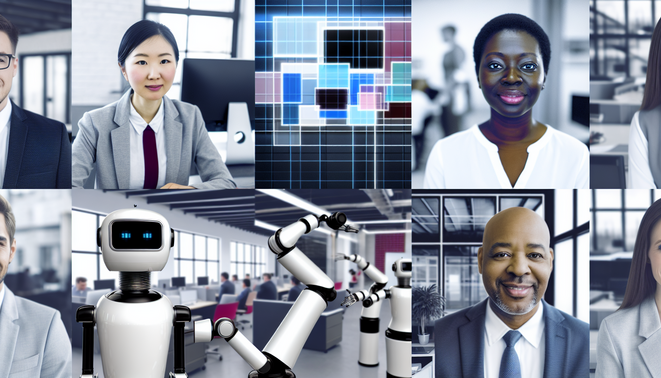 alt_text: A modern office scene showcasing automation, with diverse professionals and robotic systems enhancing productivity.
