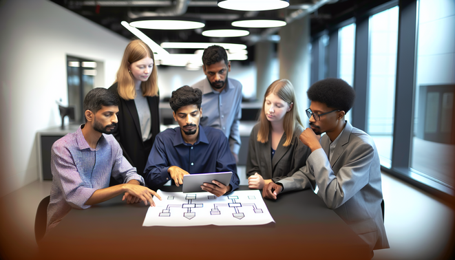 alt_text: A diverse team collaborates over a digital tablet, planning automation in a sleek office.