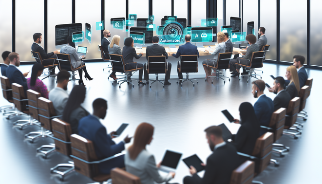 alt_text: Diverse professionals collaborate in a modern office, showcasing automated client handoffs with tech.
