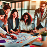 alt_text: Diverse team collaborates in a modern office, designing workflows with charts and laptops.