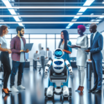 alt_text: Futuristic office with a friendly robot and diverse team collaborating using advanced tech.