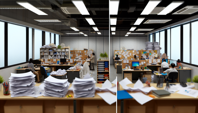 alt_text: A split image shows chaotic offices vs. organized workspaces, illustrating human error reduction.