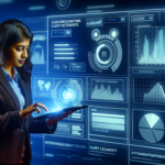 alt_text: A professional analyzes client data on a digital dashboard, symbolizing automation and growth.