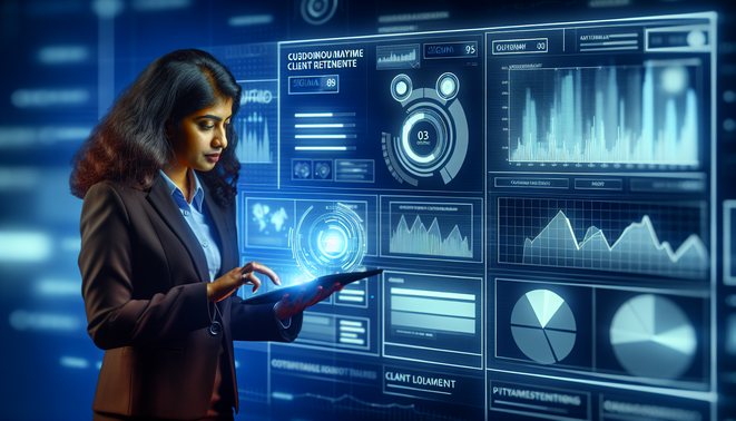 alt_text: A professional analyzes client data on a digital dashboard, symbolizing automation and growth.