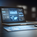 alt_text: A sleek laptop shows a CRM dashboard with graphs and charts, set in a professional office backdrop.