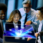 alt_text: Diverse professionals collaborate around a digital screen, showcasing workflows in a dynamic office.