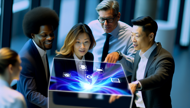 alt_text: Diverse professionals collaborate around a digital screen, showcasing workflows in a dynamic office.
