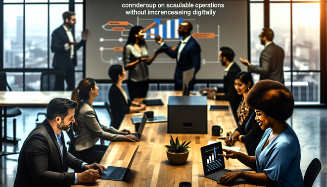 alt_text: A modern workspace displays diverse professionals collaborating digitally, symbolizing efficient growth.