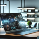 alt_text: A sleek workspace with a laptop shows automated analytics reports, featuring graphs and digital interfaces.
