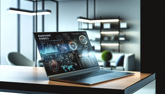 alt_text: A sleek workspace with a laptop shows automated analytics reports, featuring graphs and digital interfaces.