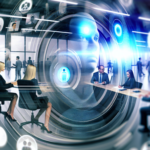 alt_text: Futuristic office scene with diverse professionals collaborating using AI-driven digital interfaces.