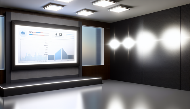 alt_text: A sleek digital dashboard showcasing performance metrics and graphs in a modern office setting.