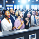 alt_text: Dynamic customer service scene with happy interactions between customers and automated technology.