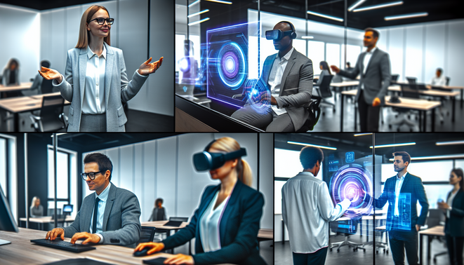 alt_text: A modern office scene showcasing diverse professionals using advanced technology for smart business.