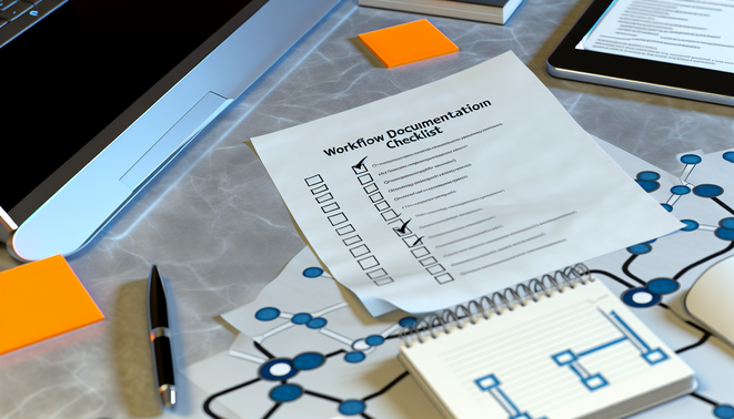 alt_text: A clean workspace with a laptop, notepad, and flowcharts, showcasing a 'Workflow Documentation Checklist'.