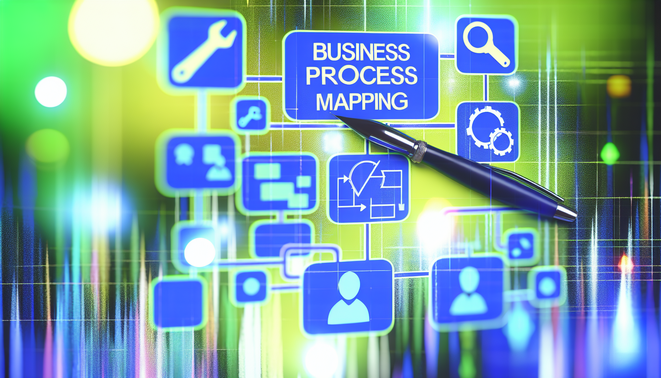 alt_text: Cover image featuring a flowchart on business process mapping with relevant tool icons in blue and green.