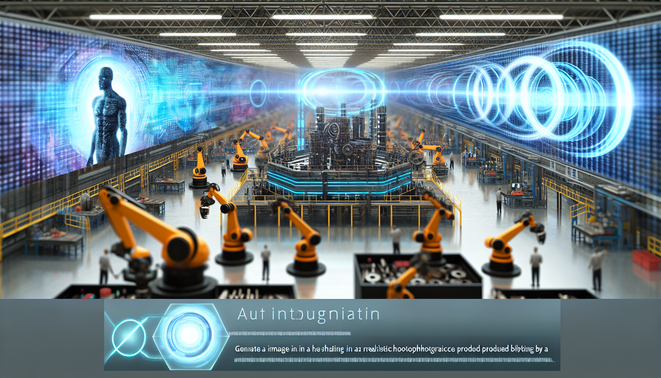 alt_text: Futuristic factory scene showcases AI integration with automation, highlighting human-machine synergy.