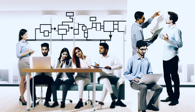 alt_text: A diverse team of professionals collaborates on workflow planning in a bright, modern office space.