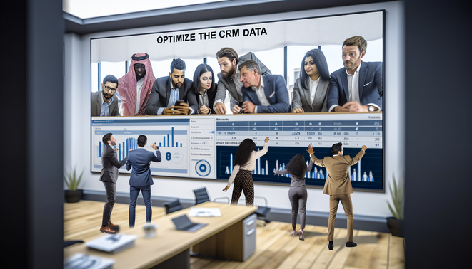 alt_text: Diverse professionals collaborate in a modern office, analyzing CRM data on a digital screen.