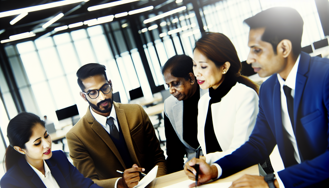 alt_text: Diverse professionals collaborate in a modern office, symbolizing business efficiency and innovation.