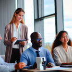 alt_text: Professionals collaborate in a modern office, utilizing technology to automate report generation efficiently.