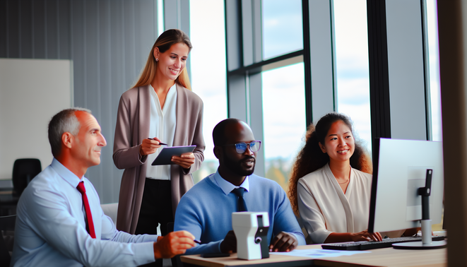 alt_text: Professionals collaborate in a modern office, utilizing technology to automate report generation efficiently.