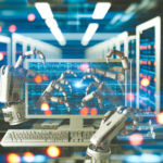 alt_text: "Futuristic workspace with robotic hands streamlining data on a computer, symbolizing automation."