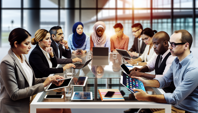 **alt_text:** Diverse team collaborating in a modern office, showcasing tech tools and innovative brainstorming.