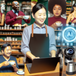 alt_text: A vibrant café scene showcasing diverse staff and customers engaging with AI technology.