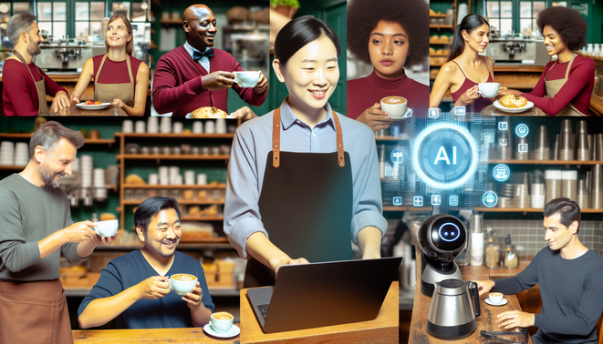 alt_text: A vibrant café scene showcasing diverse staff and customers engaging with AI technology.