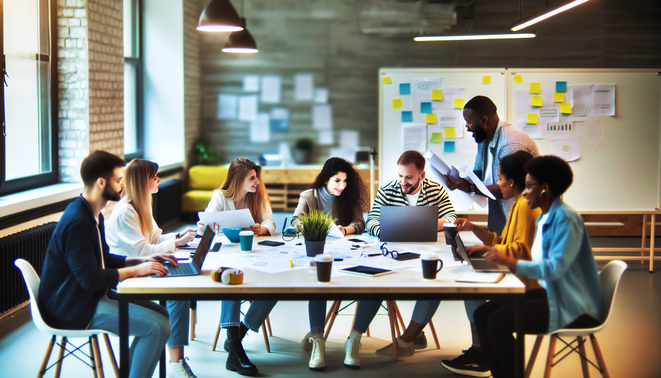 A diverse team collaborates around a table, showcasing innovation and productivity in a dynamic workspace.