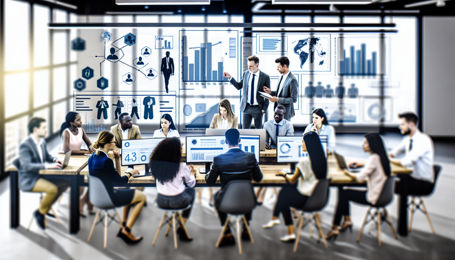 alt_text: Diverse team collaborates on CRM data analysis in a modern office, showcasing charts and tech.