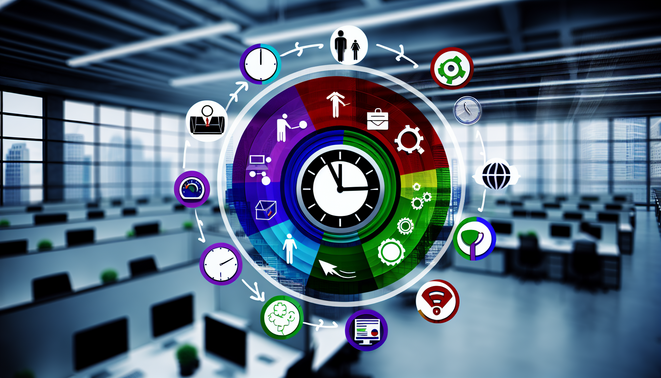 alt_text: A modern clock surrounded by productivity icons, symbolizing time tracking and efficiency.